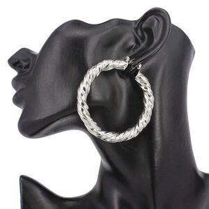 Twisted Silver Metal Hoop Earrings Thick Textured Casual Everyday Jewelry